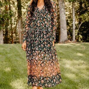 NWT $168 FREE PEOPLE See It Through Sheer Black Combo Floral Maxi Boho Dress XS